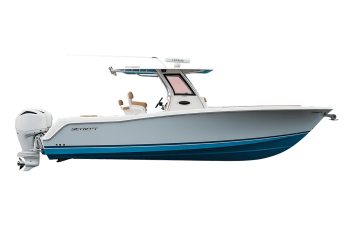 White and blue center console boat on transparent background