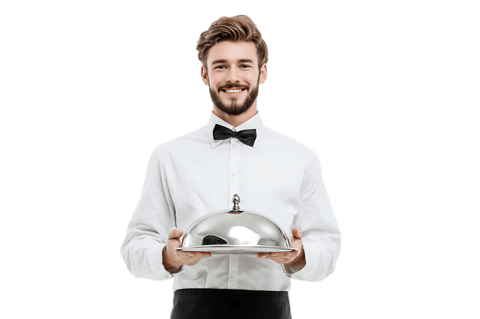 Happy waiter holding a silver food cloche. Restaurant, service, hospitality concept.