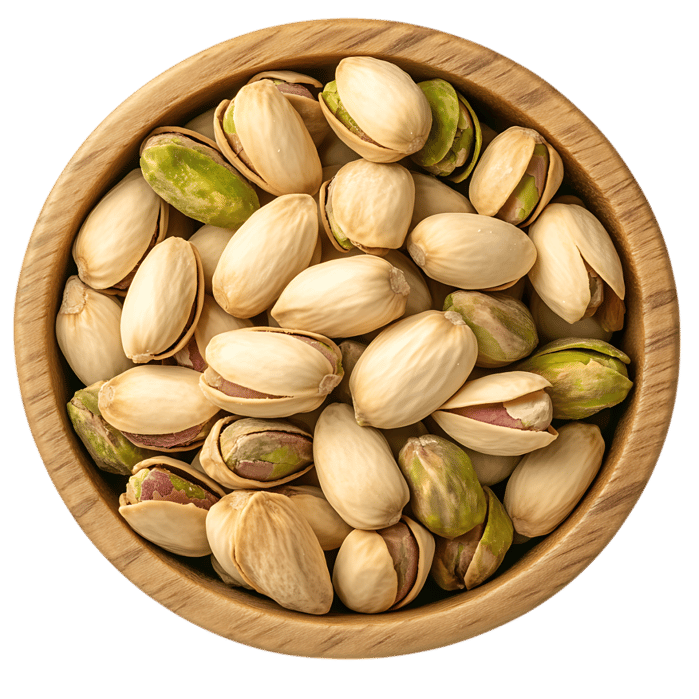 Roasted pistachios in a wooden bowl607