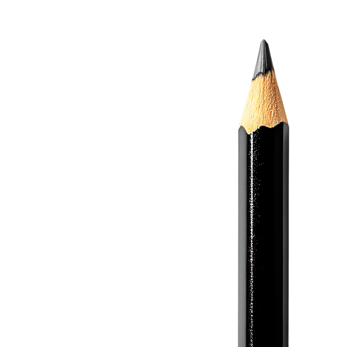 Close up of a sharpened black pencil against a black background.