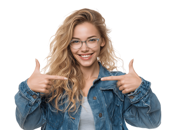 Young woman pointing at herself with a confident smile.