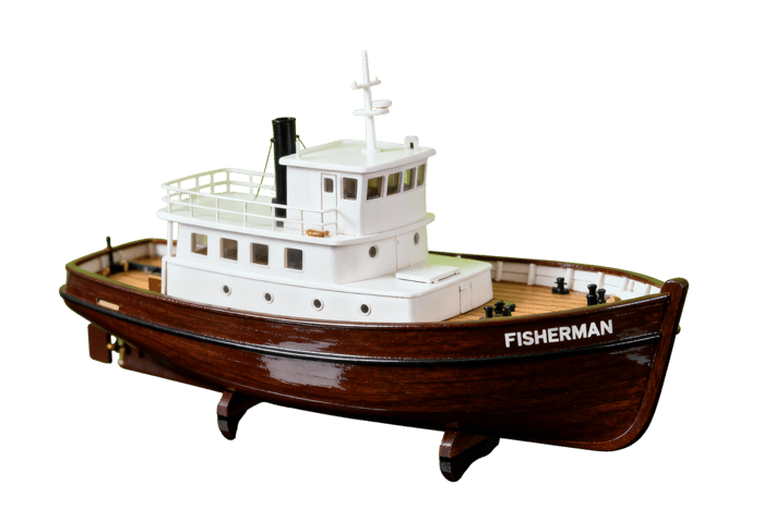 Vintage wooden fishing boat model named fisherman