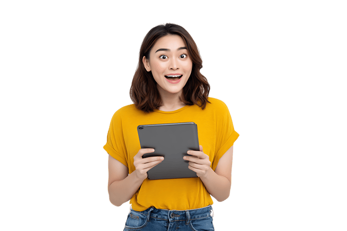 Surprised woman looking at tablet.