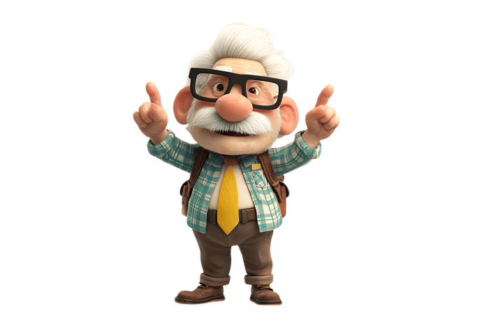 Cartoon old man with glasses pointing upwards