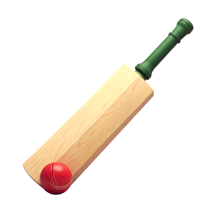 Cricket equipment,  wooden bat with green handle and red ball on white background, essential sports gear