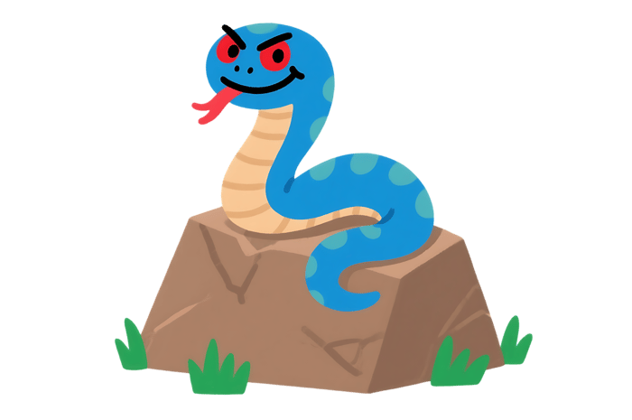 Cartoon snake with red eyes on a rock illustration