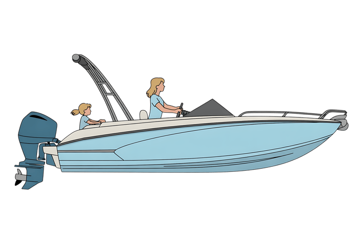 Illustration of a motorboat with two people aboard.