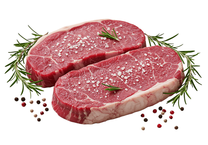 Two raw steaks seasoned with salt and rosemary.