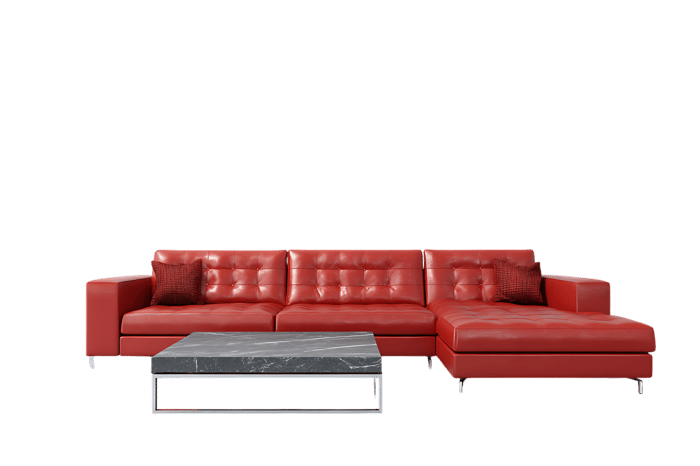 Modern red leather sectional sofa and coffee table