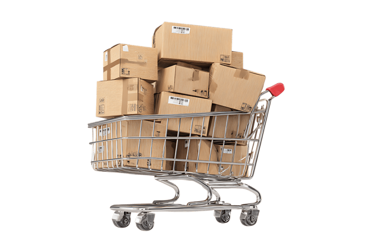 Full shopping cart overflowing with cardboard boxes.  E commerce, delivery, online shopping concept.