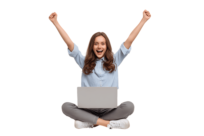 Excited young woman celebrating success on laptop