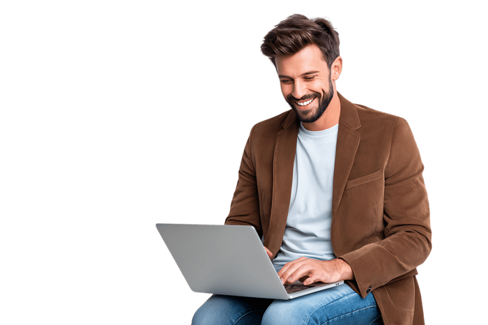 Happy man using laptop, online work, success, freelance.