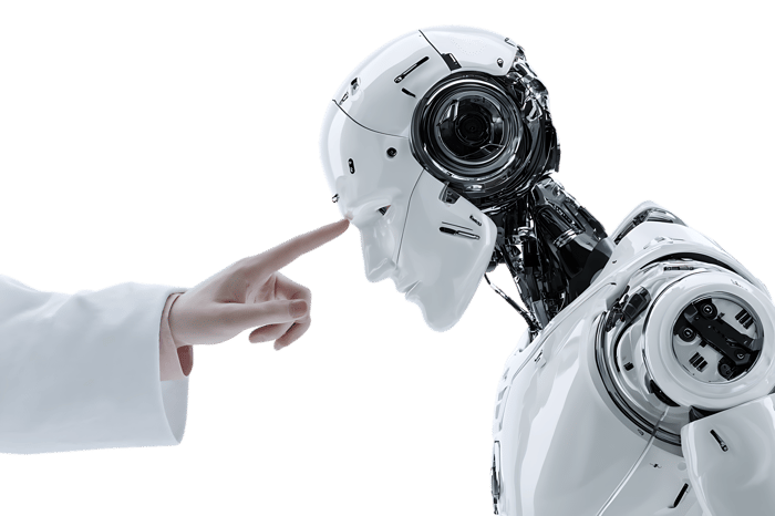 Human hand pointing at a robot's head. AI, technology, future concept.
