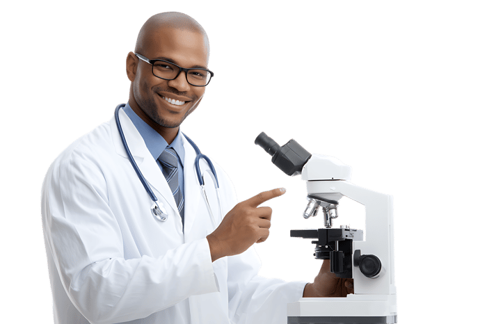 Smiling Black male doctor points to microscope.