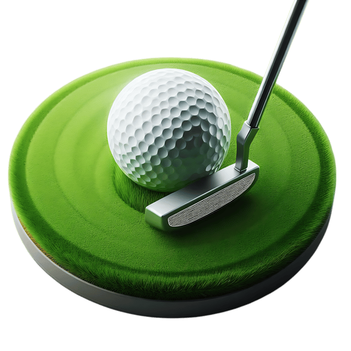 Golf ball and putter on putting green.