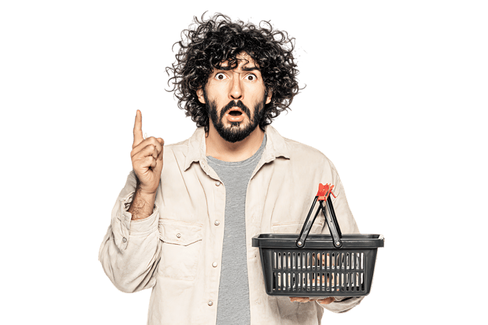 Surprised man holding empty shopping basket, great for online shopping, consumerism, or retail concepts.