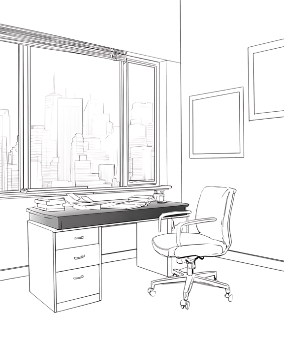 Clean workspace with city view