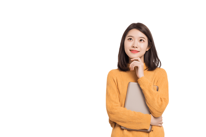 Young woman in yellow sweater, thoughtfully looking up.