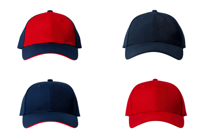 Four baseball caps, two red and two navy blue, isolated on black background. Perfect for mockup.