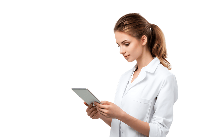 Focused female doctor using a digital tablet. Healthcare technology, medical app, online consultation.