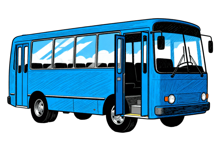 Blue bus illustration with open doors