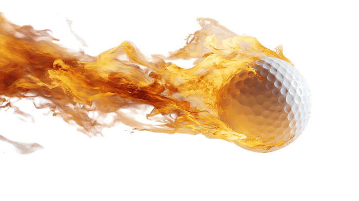 Golf ball engulfed in flames symbolizing power and speed