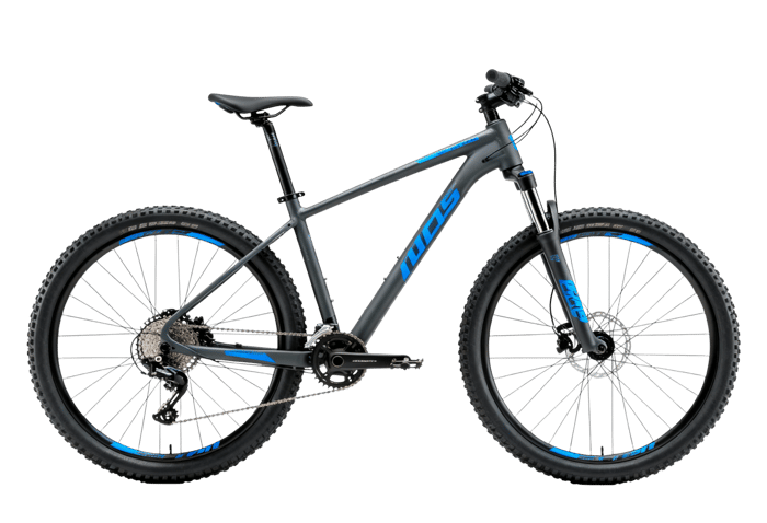 Gray and blue mountain bike for outdoor recreation and exercise