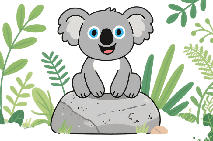 Cartoon koala on rock surrounded by foliage