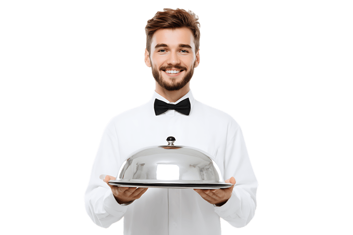 Smiling waiter holding a silver food cloche.