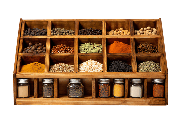 Wooden spice rack filled with colorful spices and herbs.