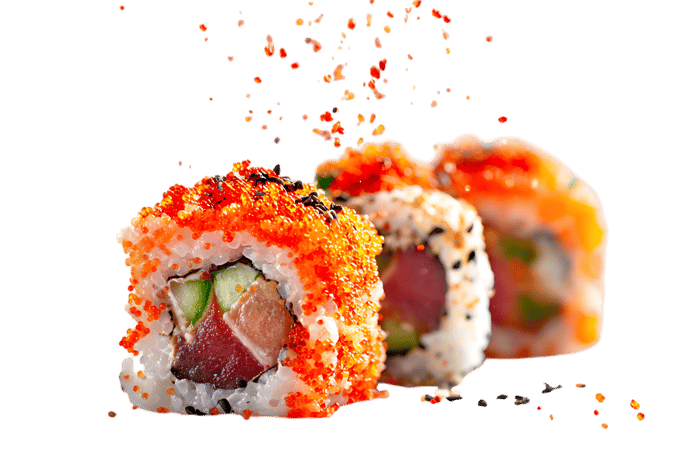 Delicious sushi rolls topped with orange fish eggs.