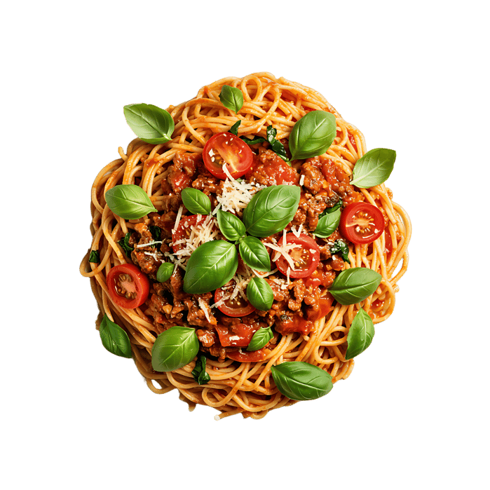 Delicious spaghetti bolognese with fresh basil and parmesan.