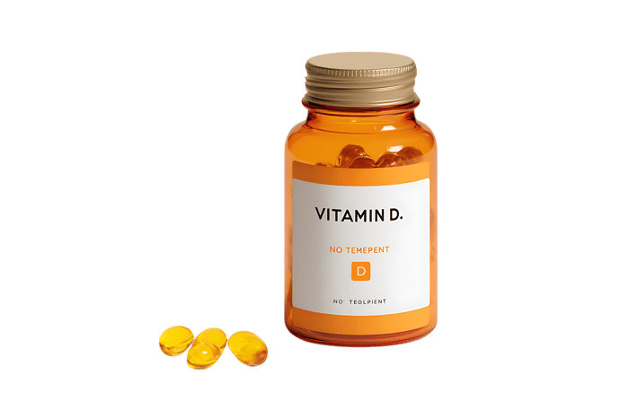 Amber bottle of Vitamin D3 capsules. Health supplement.