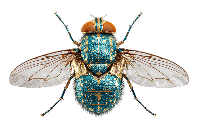 Close up of a vibrant green and orange fly.