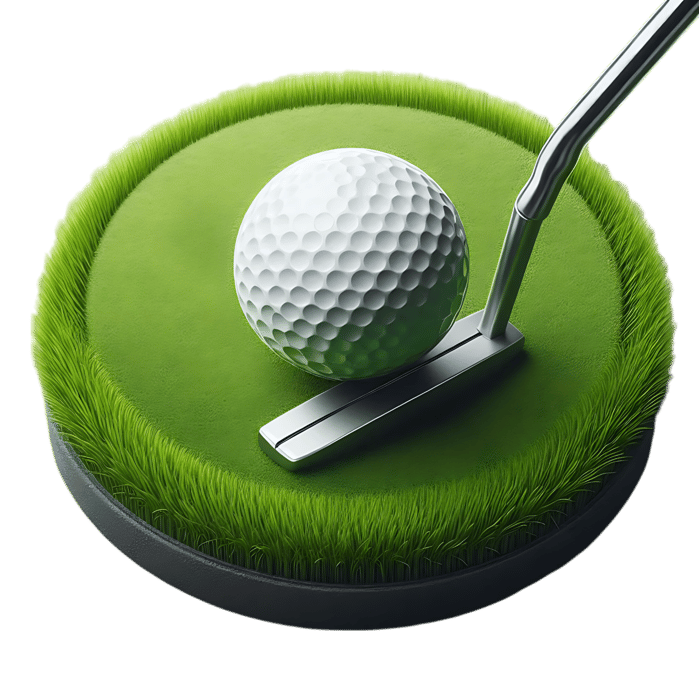 Golf ball and putter on putting green728.