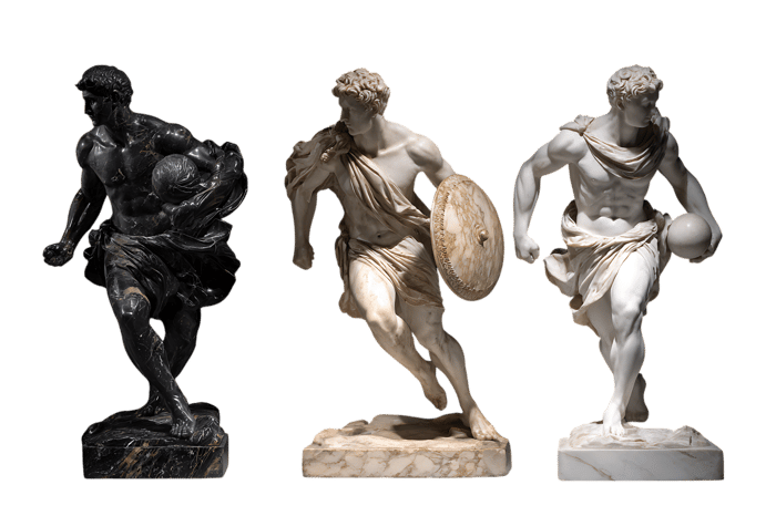 Three marble statues of athletes in different colors