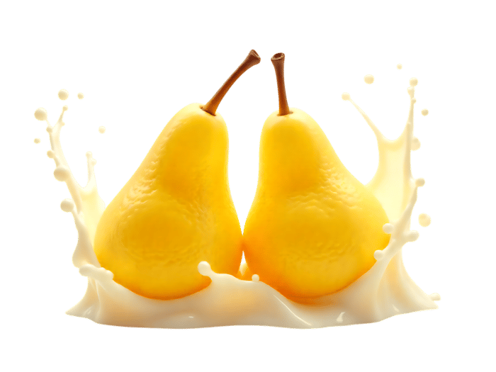 Two ripe yellow pears creating a splash in milk, vibrant fruit and liquid motion photography