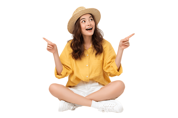 Excited young woman pointing upwards, summer style