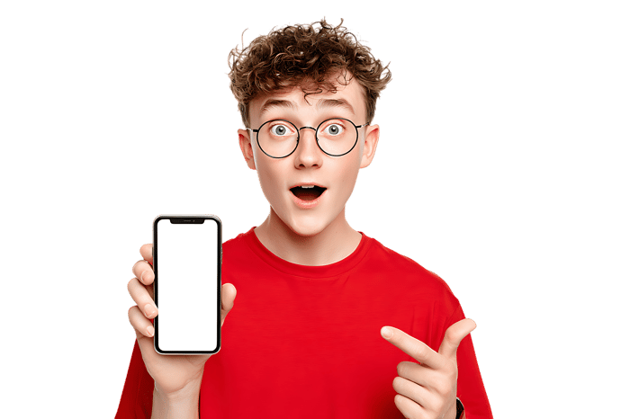 Excited teen showing blank phone screen.