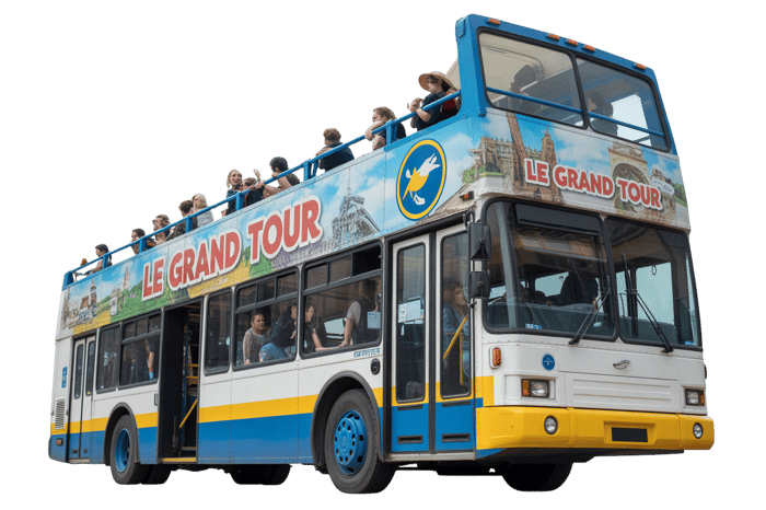 Open top double decker tour bus with tourists
