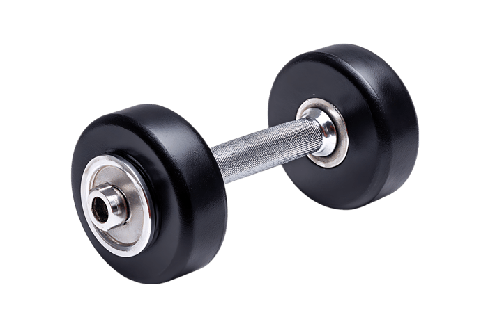 Black dumbbell with steel handle isolated on black background
