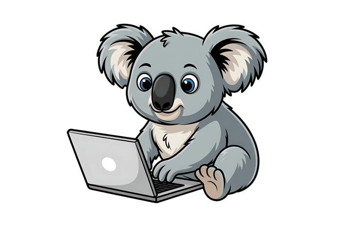 Cartoon koala working on laptop