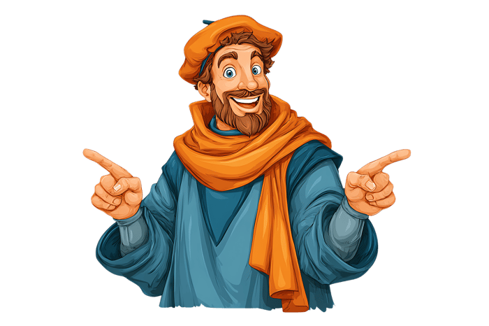 Cartoon man pointing with both hands, cheerful expression