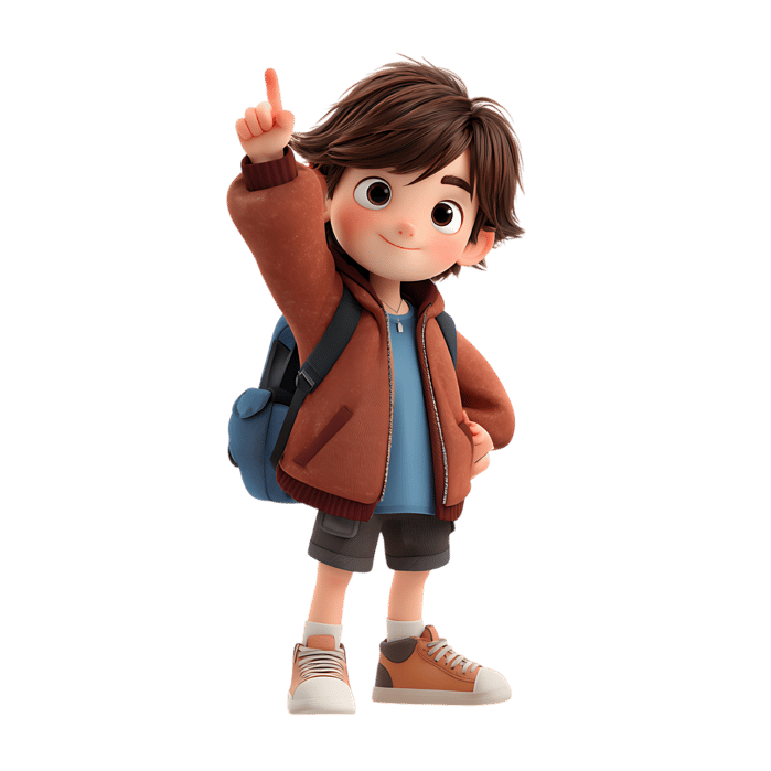 Cute 3D boy with backpack pointing up, having a bright idea. Perfect for educational or children's content.