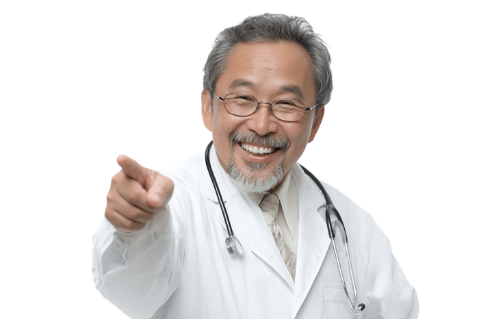 Smiling doctor points at you747.