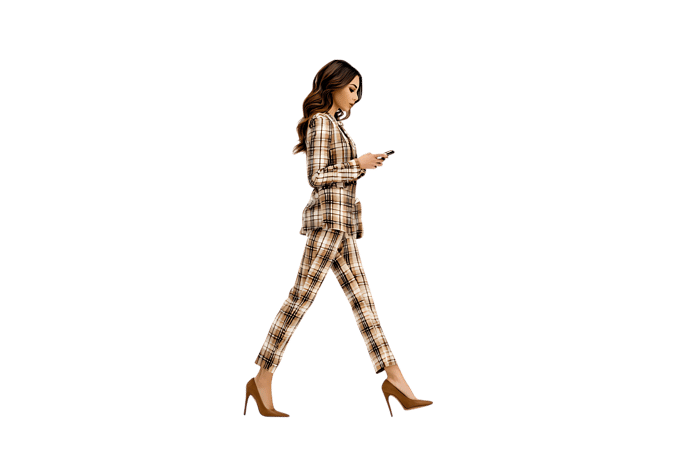 Side view of a businesswoman walking while using her phone.