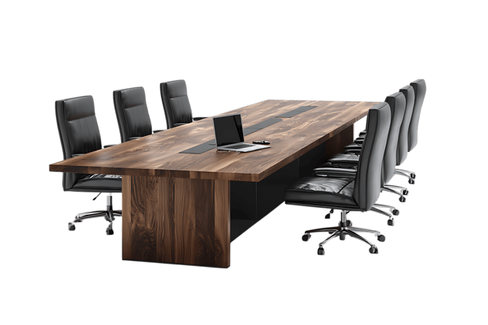 Long wooden conference table with chairs.  Perfect for business meetings, collaboration  and teamwork.