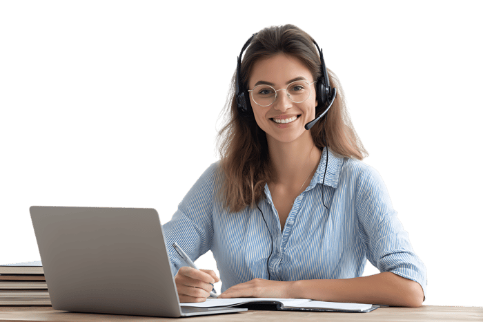 Happy woman working from home, providing excellent customer support.