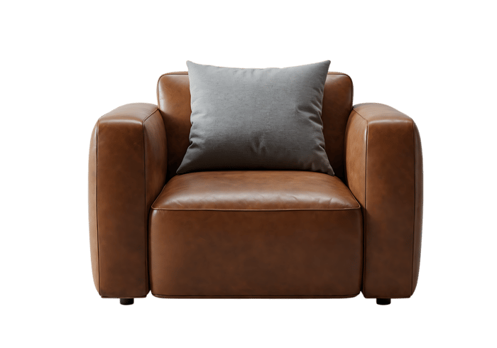 Brown leather armchair with gray cushion218