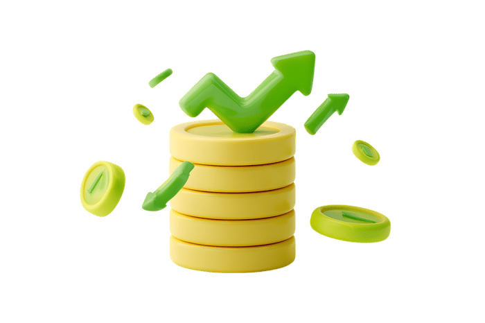 3D illustration of a stack of coins with upward pointing arrows, symbolizing financial growth and success.